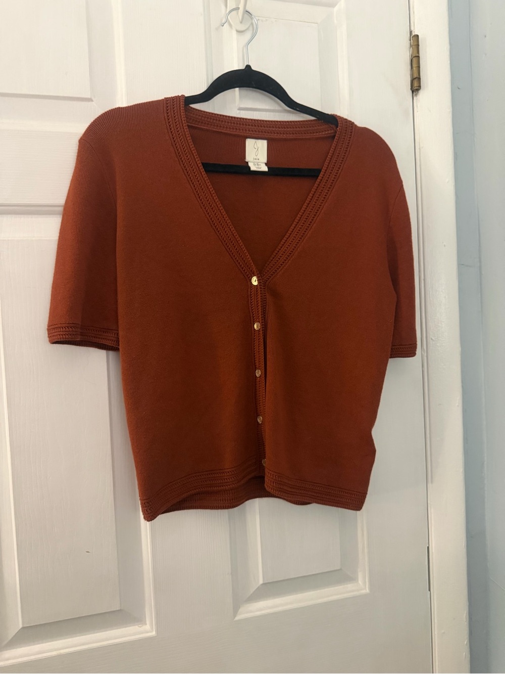Joie Women’s M Burnt Orange V-Neck Button Front Knit Cardigan Gold Buttons